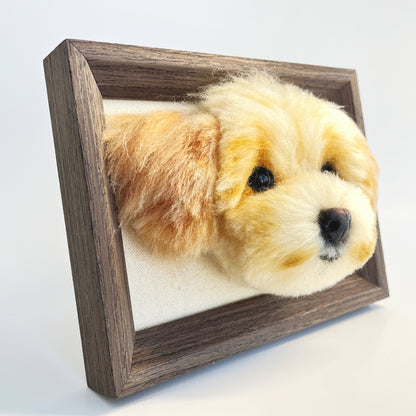 Framed needle felted Maltipoo dog portrait left side view