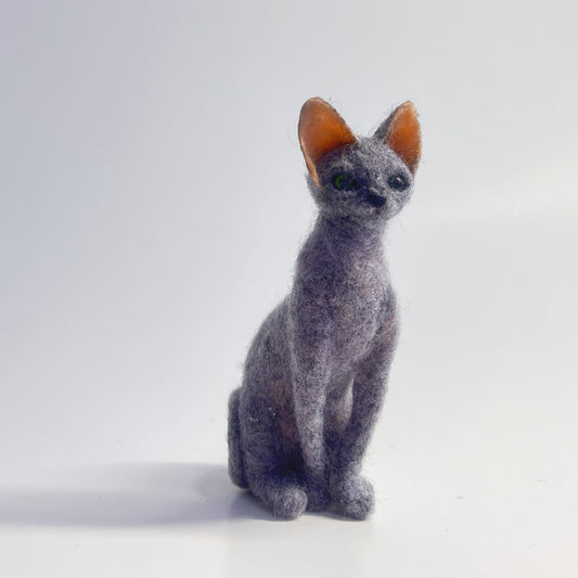 Miniature Needle Felted Blue Sphynx Cat Front View