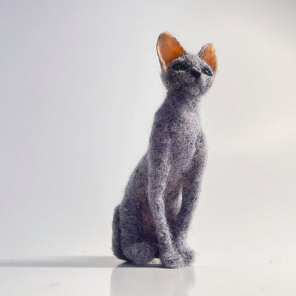 Miniature Needle Felted Blue Sphynx Cat Upward View