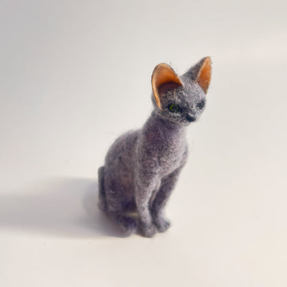 Miniature Needle Felted Blue Sphynx Cat Front Bird Eye View