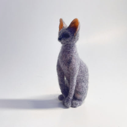 Miniature Needle Felted Blue Sphynx Cat Front Left Side View